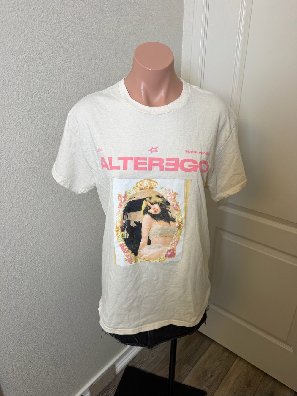 Lisa Alter Ego Oversized Band Graphic Tee in White with Pink Logo